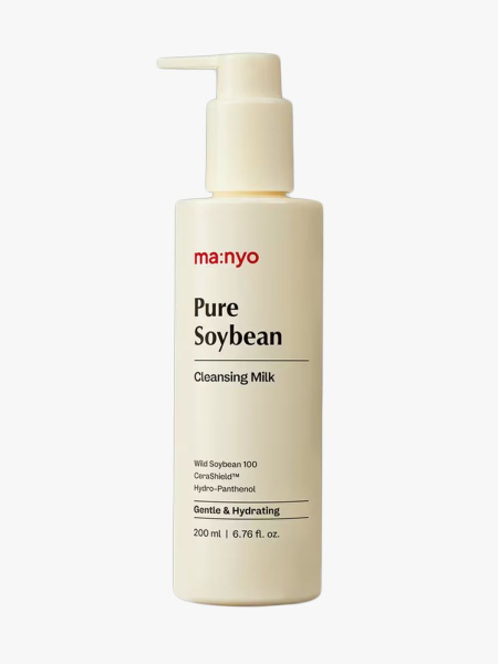 Ma:nyo Pure Soybean Cleansing Milk in branded bottle component on a light gray background